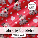 Romantic Couple Kissing Floral Bouquet Hearts Seamless Pattern Red Background Digital Print Fabric by the Metre UK Sewing Quilting Textile