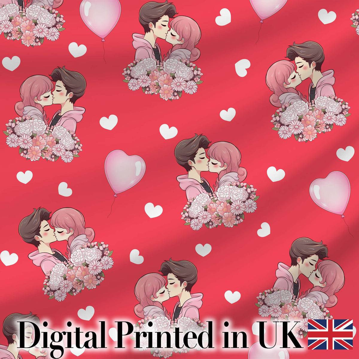 Romantic Couple Kissing Floral Bouquet Hearts Seamless Pattern Red Background Digital Print Fabric by the Metre UK Sewing Quilting Textile