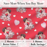 Romantic Couple Kissing Floral Bouquet Hearts Seamless Pattern Red Background Digital Print Fabric by the Metre UK Sewing Quilting Textile