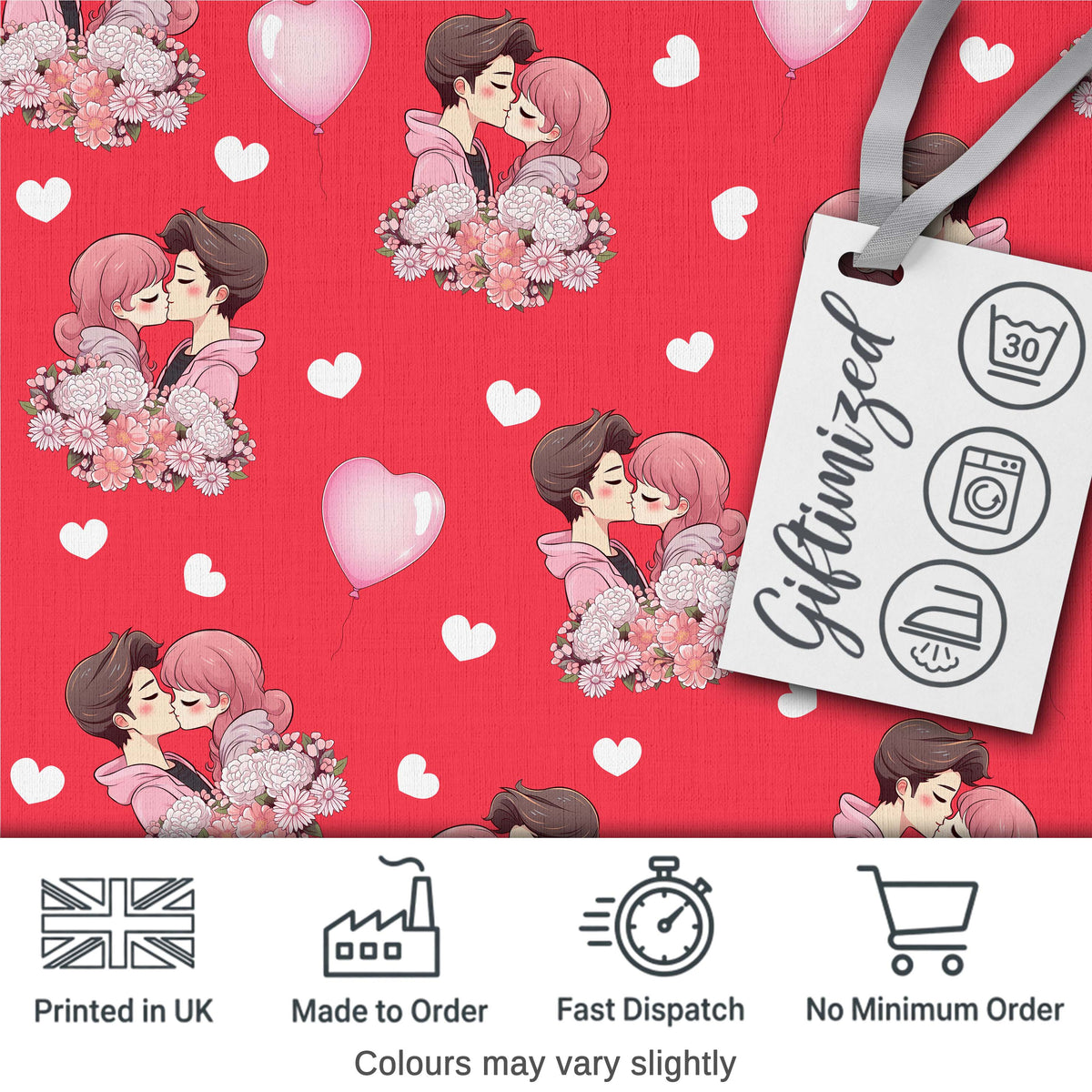 Romantic Couple Kissing Floral Bouquet Hearts Seamless Pattern Red Background Digital Print Fabric by the Metre UK Sewing Quilting Textile