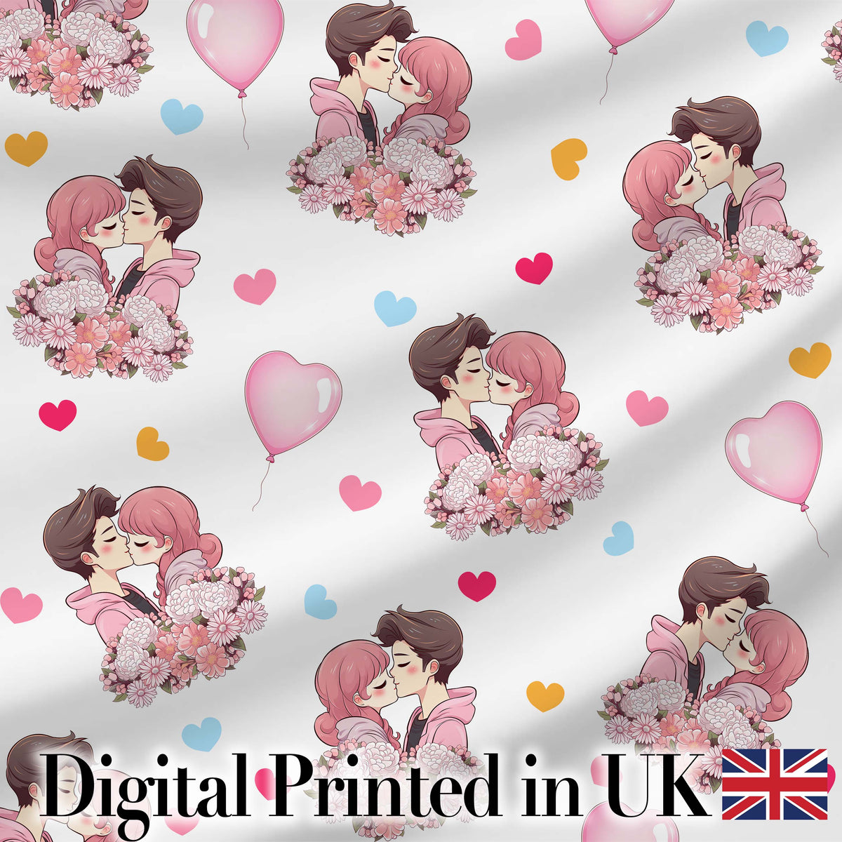 Romantic Couple Kissing Floral Bouquet Hearts Seamless Pattern Grey Background Digital Print Fabric by the Metre UK Sewing Quilting Textile
