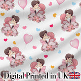 Romantic Couple Kissing Floral Bouquet Hearts Seamless Pattern Grey Background Digital Print Fabric by the Metre UK Sewing Quilting Textile