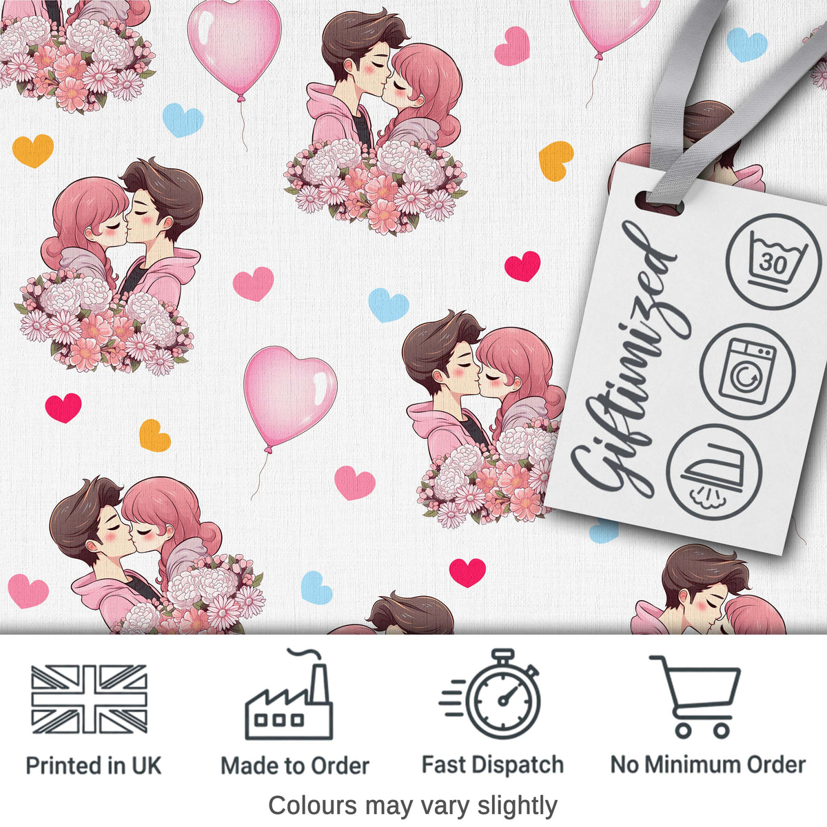 Romantic Couple Kissing Floral Bouquet Hearts Seamless Pattern Grey Background Digital Print Fabric by the Metre UK Sewing Quilting Textile