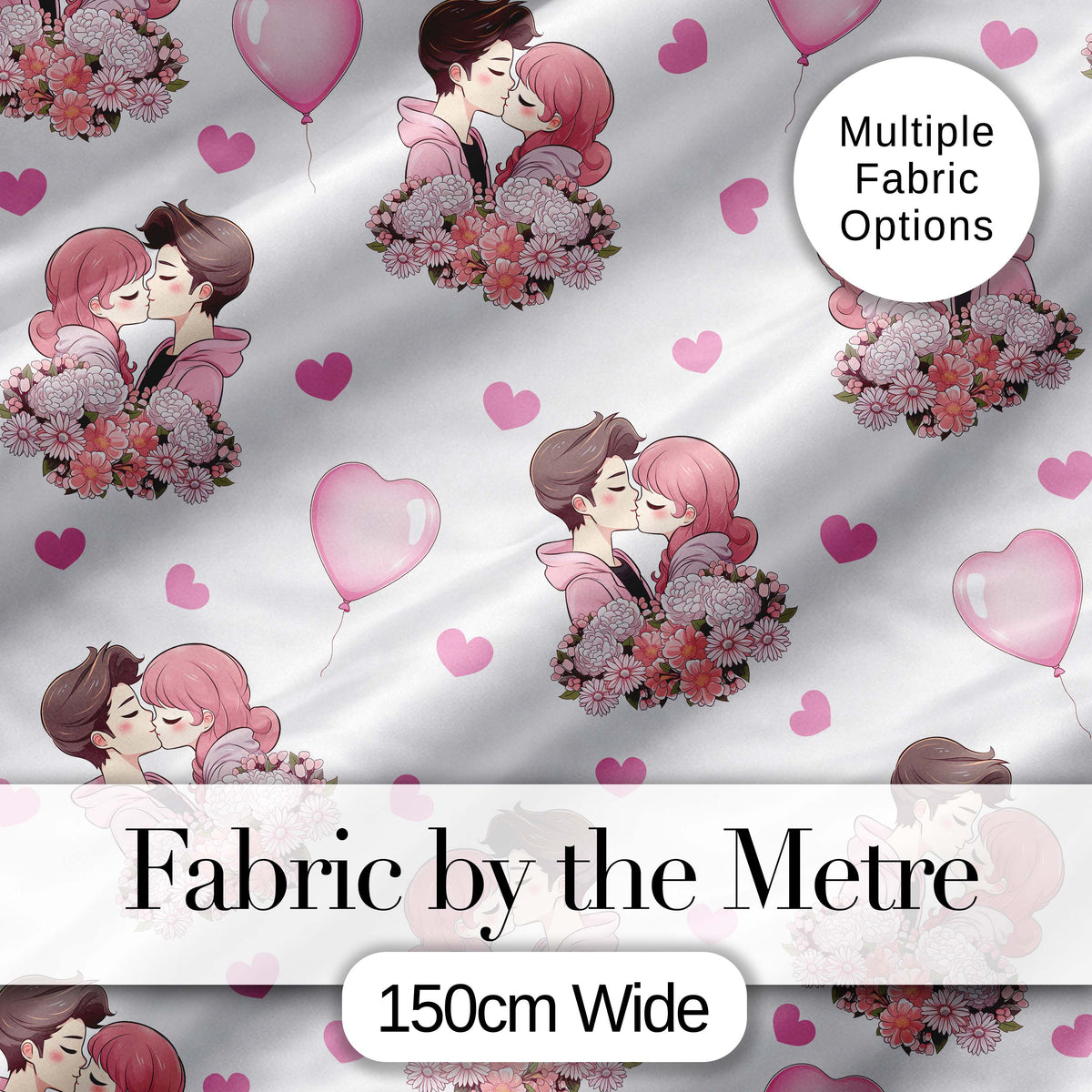 Romantic Couple Kissing Floral Bouquet Hearts  Pattern Light Grey Background Digital Print Fabric by the Metre UK Sewing Quilting Textile