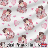 Romantic Couple Kissing Floral Bouquet Hearts  Pattern Light Grey Background Digital Print Fabric by the Metre UK Sewing Quilting Textile