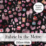 Cute Love  Couple Gifts Cakes Teddy Bear Seamless Pattern Black Background Digital Print Fabric by the Metre UK Sewing Quilting Textile