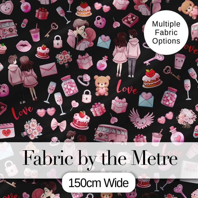 Cute Love  Couple Gifts Cakes Teddy Bear Seamless Pattern Black Background Digital Print Fabric by the Metre UK Sewing Quilting Textile