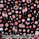 Cute Love  Couple Gifts Cakes Teddy Bear Seamless Pattern Black Background Digital Print Fabric by the Metre UK Sewing Quilting Textile
