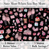 Cute Love  Couple Gifts Cakes Teddy Bear Seamless Pattern Black Background Digital Print Fabric by the Metre UK Sewing Quilting Textile