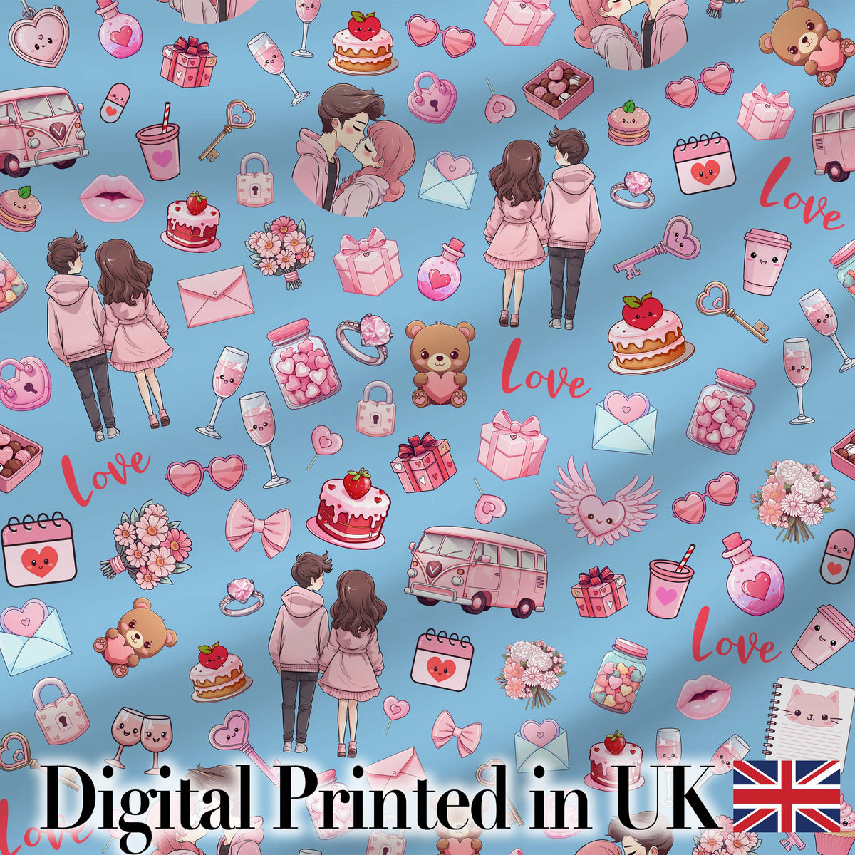 Cute Love  Couple Gifts Cakes Teddy Bear Seamless Pattern Blue Background Digital Print Fabric by the Metre UK Sewing Quilting Textile