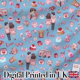 Cute Love  Couple Gifts Cakes Teddy Bear Seamless Pattern Blue Background Digital Print Fabric by the Metre UK Sewing Quilting Textile