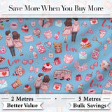 Cute Love  Couple Gifts Cakes Teddy Bear Seamless Pattern Blue Background Digital Print Fabric by the Metre UK Sewing Quilting Textile