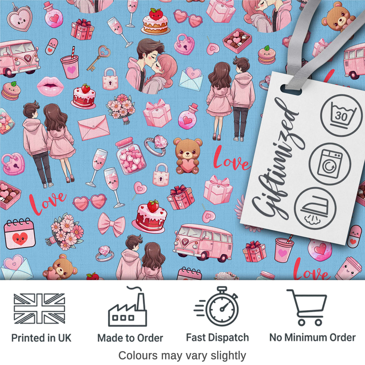 Cute Love  Couple Gifts Cakes Teddy Bear Seamless Pattern Blue Background Digital Print Fabric by the Metre UK Sewing Quilting Textile
