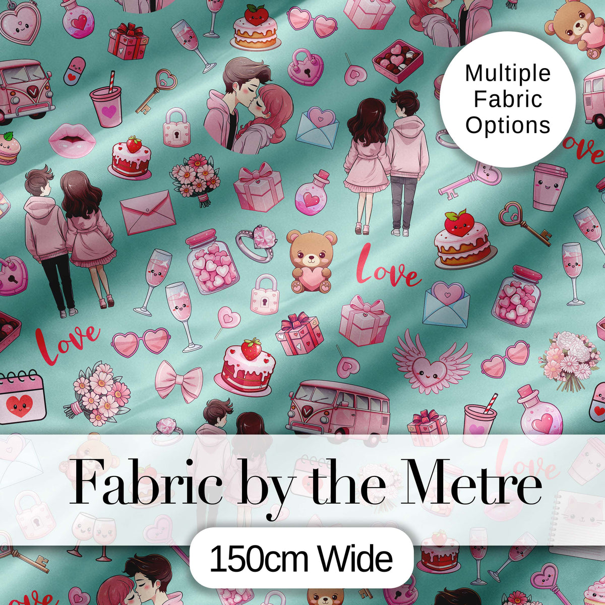 Cute Love  Couple Gifts Cakes Teddy Bear  Pattern Mint Green Background Digital Print Fabric by the Metre UK Sewing Quilting Textile