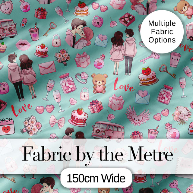 Cute Love  Couple Gifts Cakes Teddy Bear  Pattern Mint Green Background Digital Print Fabric by the Metre UK Sewing Quilting Textile