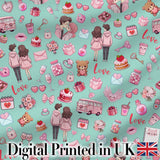 Cute Love  Couple Gifts Cakes Teddy Bear  Pattern Mint Green Background Digital Print Fabric by the Metre UK Sewing Quilting Textile