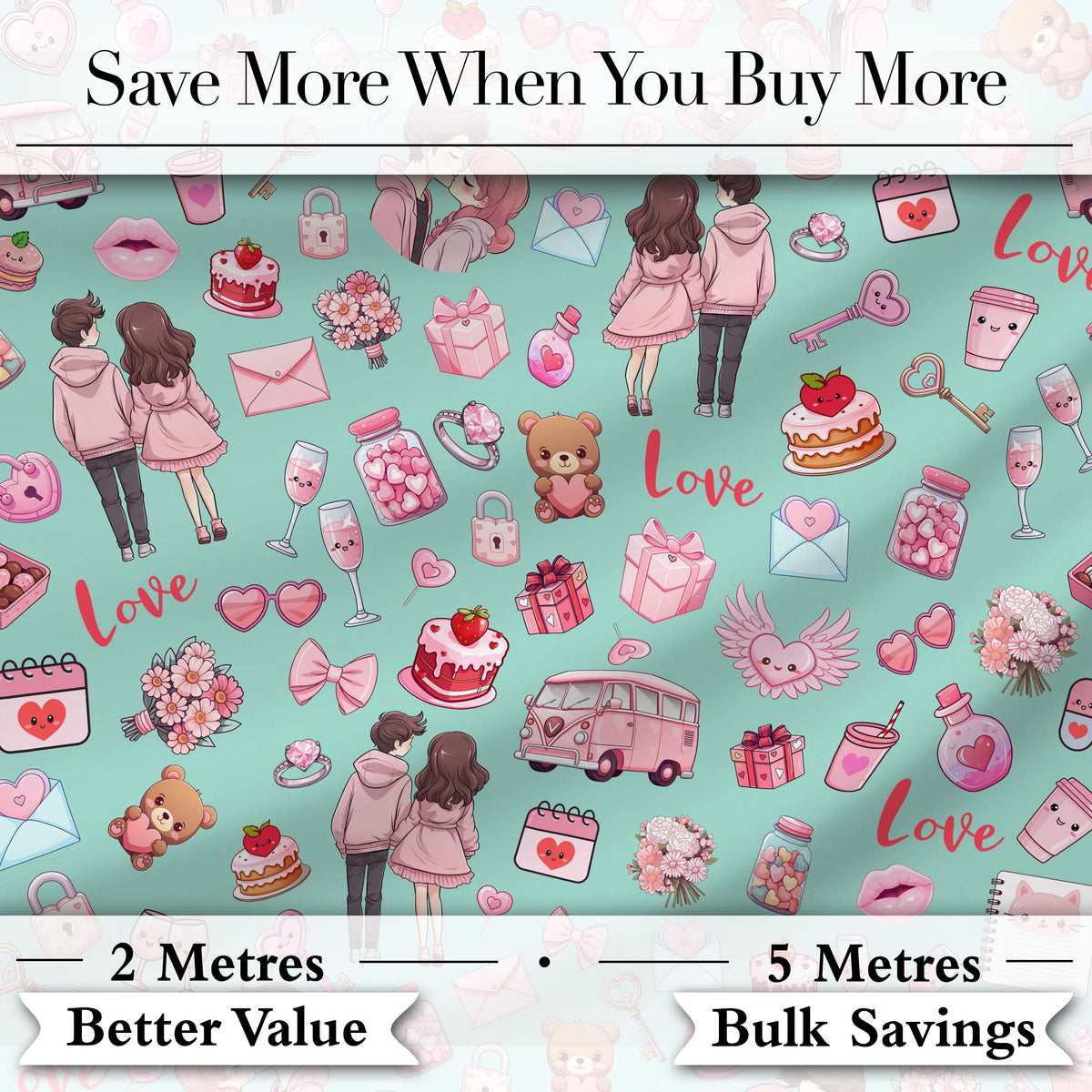 Cute Love  Couple Gifts Cakes Teddy Bear  Pattern Mint Green Background Digital Print Fabric by the Metre UK Sewing Quilting Textile