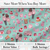 Cute Love  Couple Gifts Cakes Teddy Bear  Pattern Mint Green Background Digital Print Fabric by the Metre UK Sewing Quilting Textile