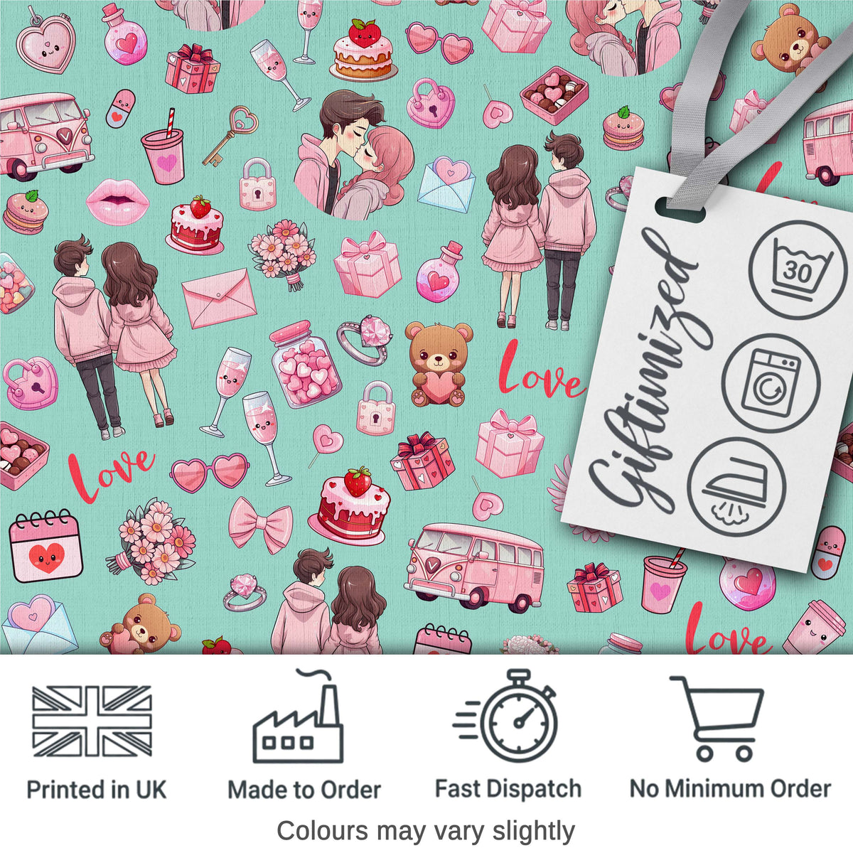 Cute Love  Couple Gifts Cakes Teddy Bear  Pattern Mint Green Background Digital Print Fabric by the Metre UK Sewing Quilting Textile