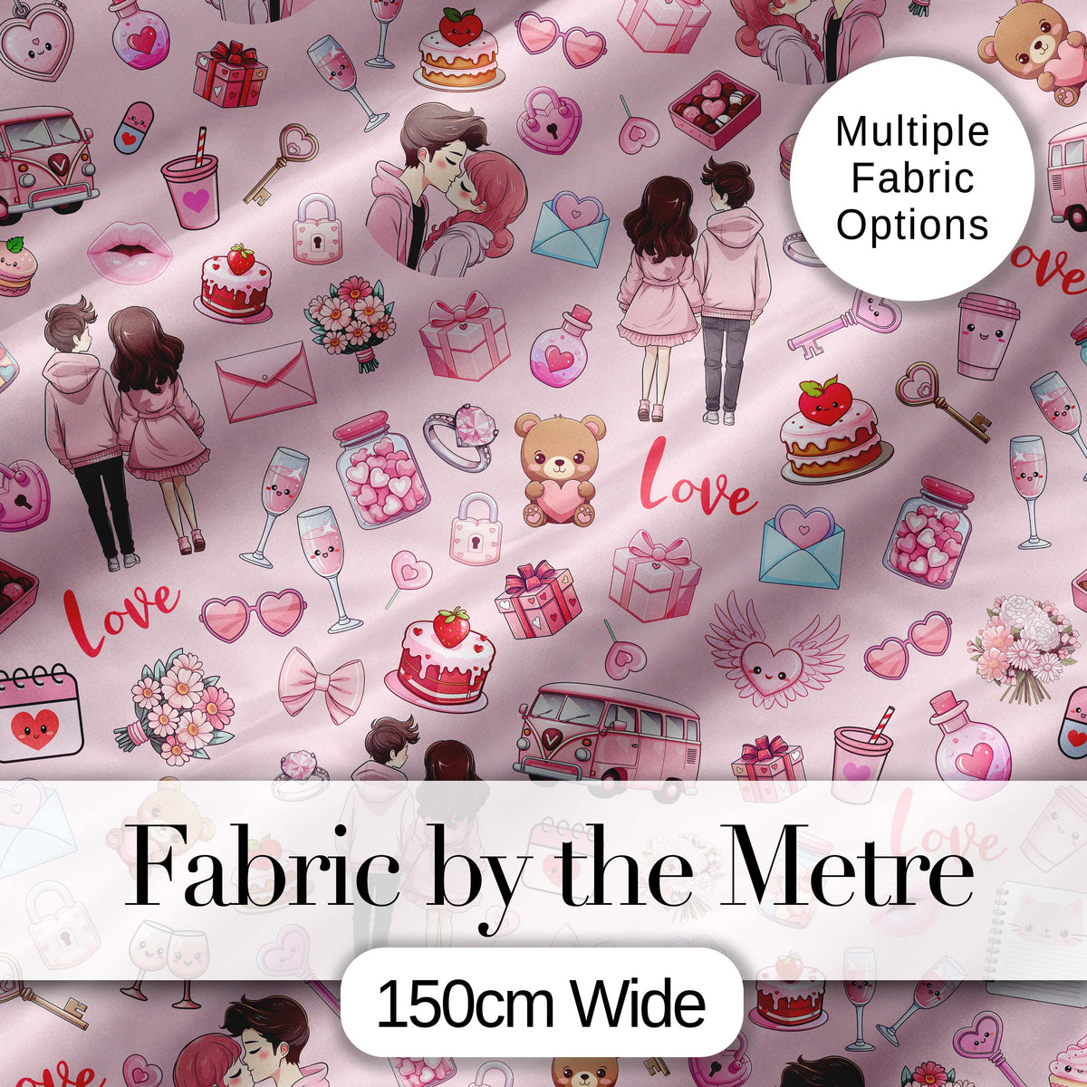 Cute Love  Couple Gifts Cakes Teddy Bear  Pattern Soft Pink Background Digital Print Fabric by the Metre UK Sewing Quilting Textile