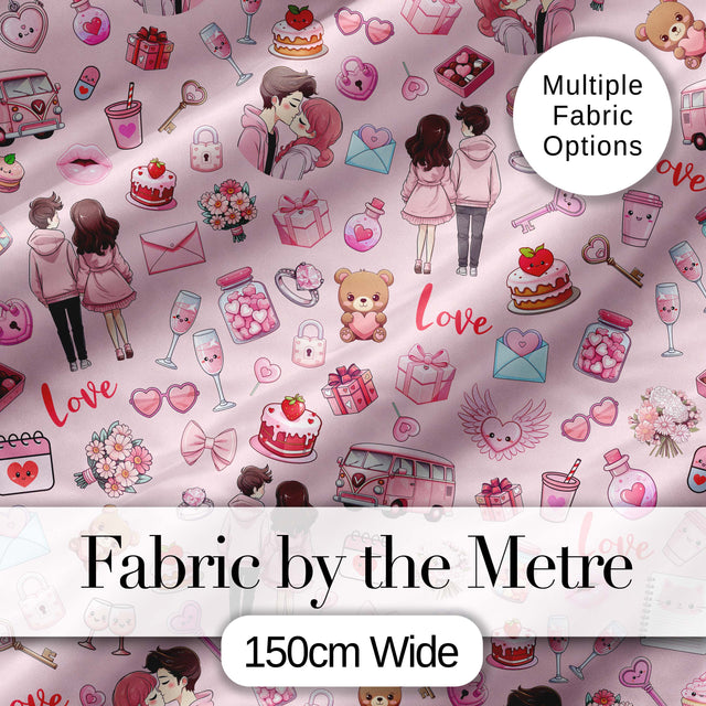 Cute Love  Couple Gifts Cakes Teddy Bear  Pattern Soft Pink Background Digital Print Fabric by the Metre UK Sewing Quilting Textile