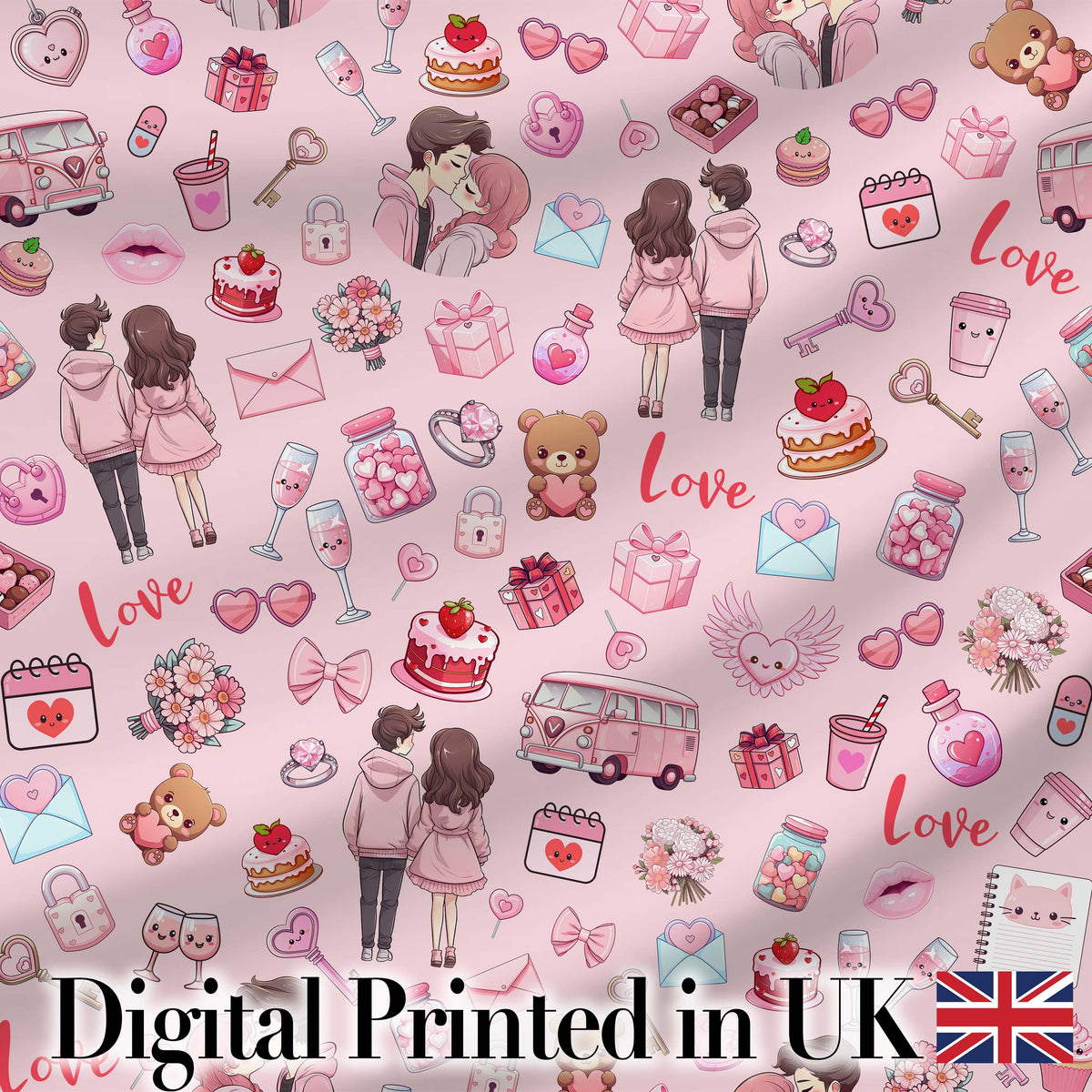 Cute Love  Couple Gifts Cakes Teddy Bear  Pattern Soft Pink Background Digital Print Fabric by the Metre UK Sewing Quilting Textile