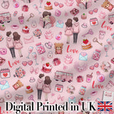 Cute Love  Couple Gifts Cakes Teddy Bear  Pattern Soft Pink Background Digital Print Fabric by the Metre UK Sewing Quilting Textile