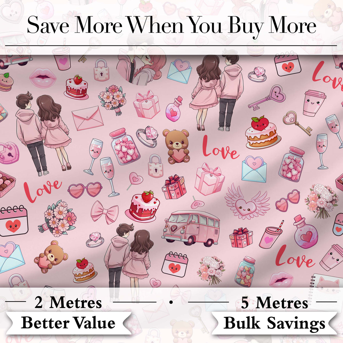 Cute Love  Couple Gifts Cakes Teddy Bear  Pattern Soft Pink Background Digital Print Fabric by the Metre UK Sewing Quilting Textile