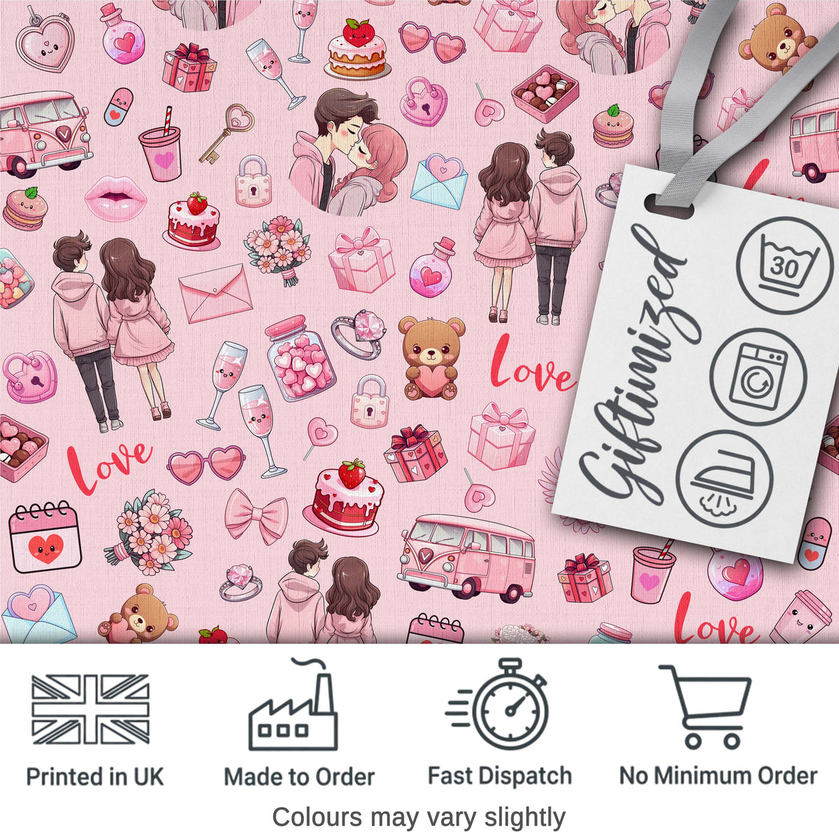 Cute Love  Couple Gifts Cakes Teddy Bear  Pattern Soft Pink Background Digital Print Fabric by the Metre UK Sewing Quilting Textile