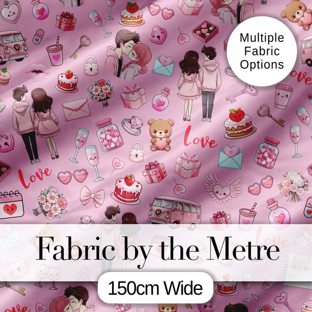 Cute Love  Couple Gifts Cakes Teddy Bear Seamless Pattern Pink Background Digital Print Fabric by the Metre UK Sewing Quilting Textile