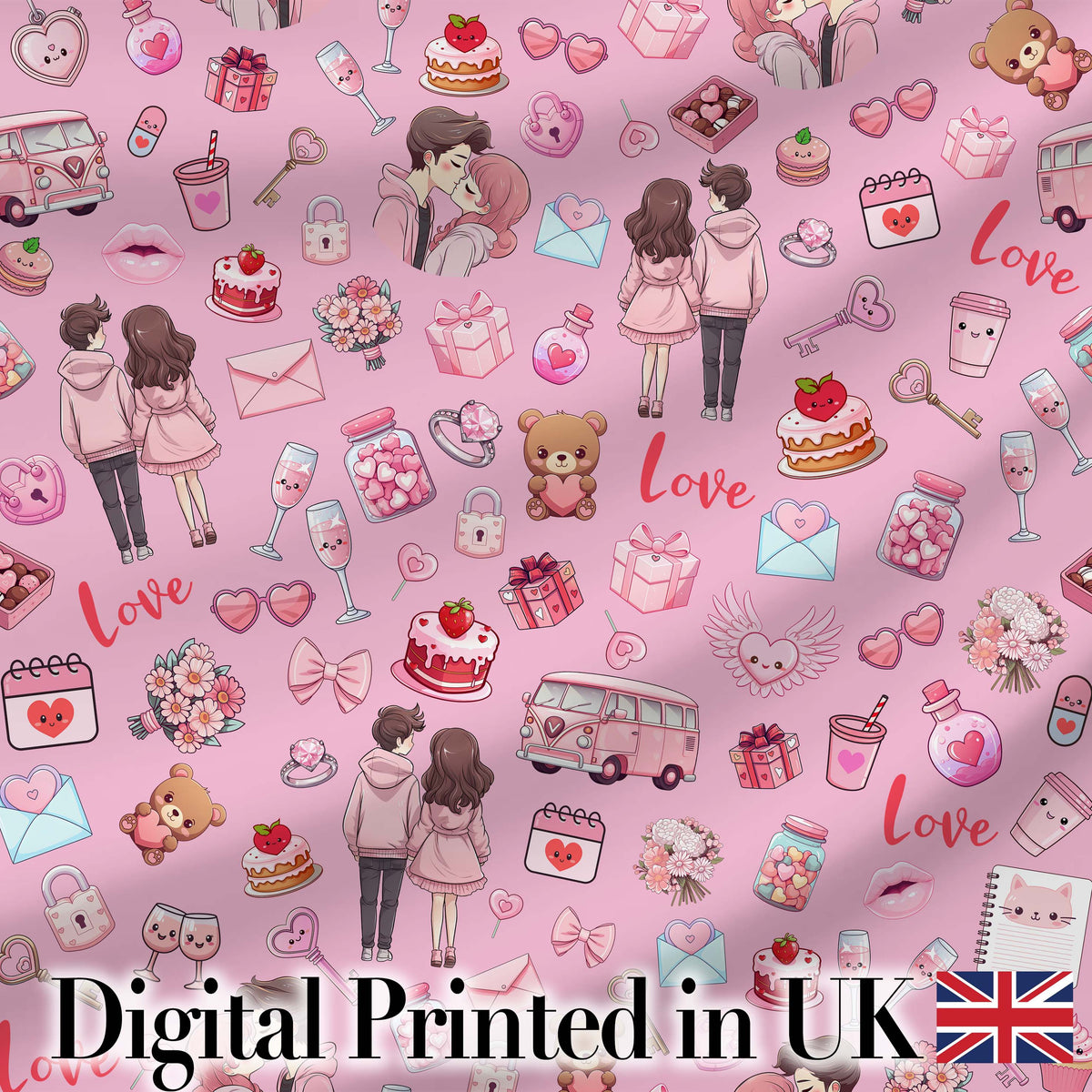 Cute Love  Couple Gifts Cakes Teddy Bear Seamless Pattern Pink Background Digital Print Fabric by the Metre UK Sewing Quilting Textile