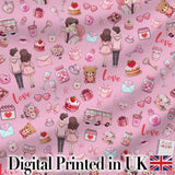 Cute Love  Couple Gifts Cakes Teddy Bear Seamless Pattern Pink Background Digital Print Fabric by the Metre UK Sewing Quilting Textile