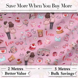 Cute Love  Couple Gifts Cakes Teddy Bear Seamless Pattern Pink Background Digital Print Fabric by the Metre UK Sewing Quilting Textile