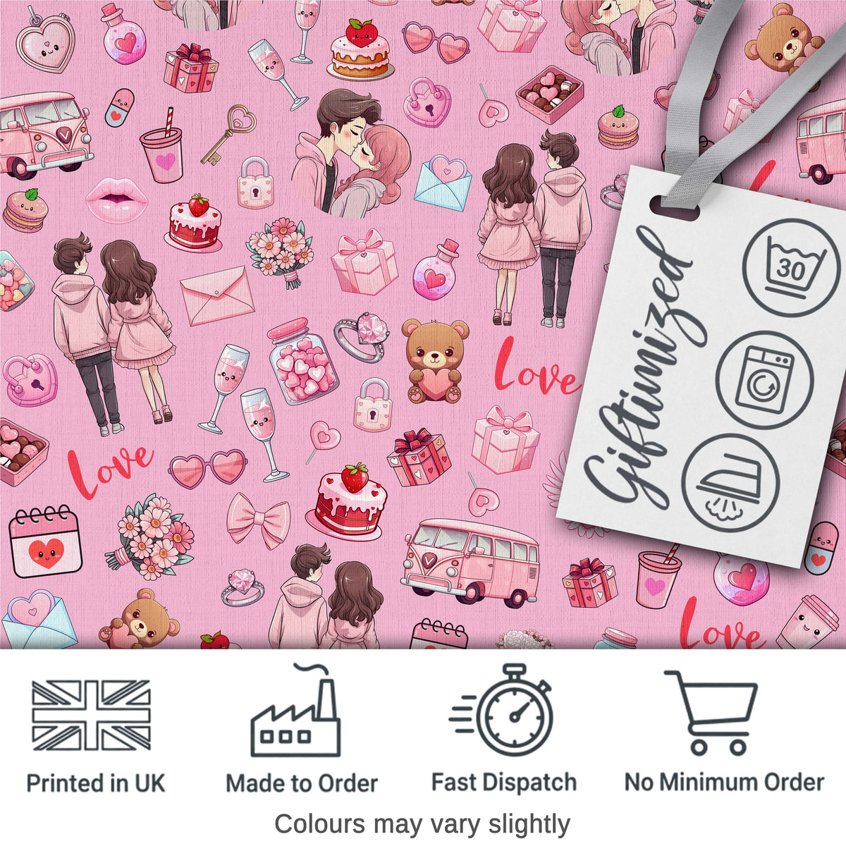 Cute Love  Couple Gifts Cakes Teddy Bear Seamless Pattern Pink Background Digital Print Fabric by the Metre UK Sewing Quilting Textile