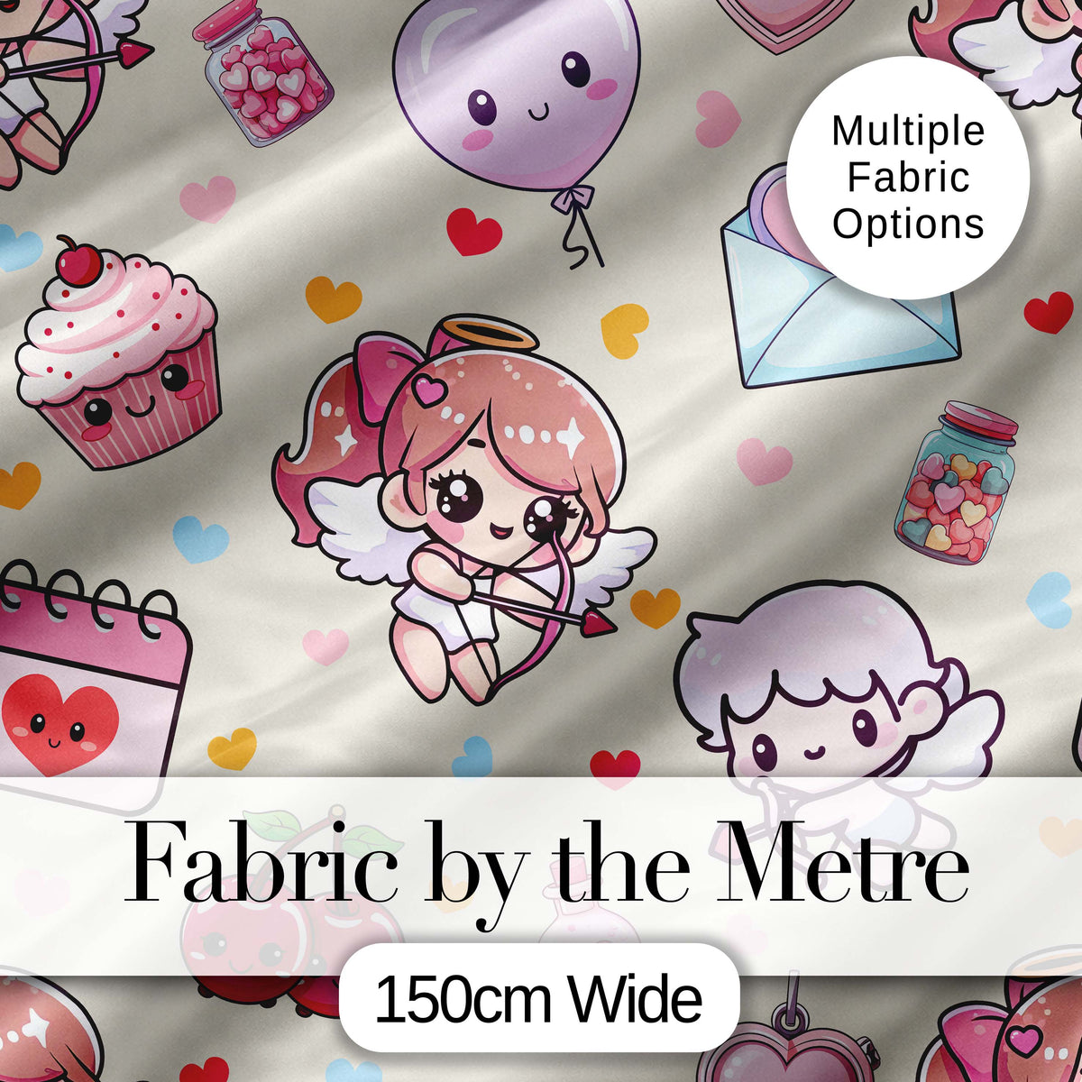 Cute Cupid Angels Hearts Sweets Balloon Love Elements  Pattern Beige Background Digital Print Fabric by the Metre UK Sewing Quilting Textile