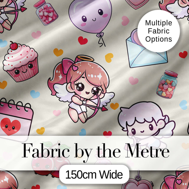 Cute Cupid Angels Hearts Sweets Balloon Love Elements  Pattern Beige Background Digital Print Fabric by the Metre UK Sewing Quilting Textile