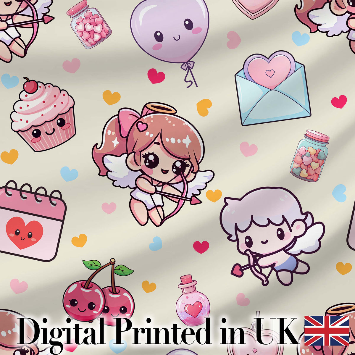 Cute Cupid Angels Hearts Sweets Balloon Love Elements  Pattern Beige Background Digital Print Fabric by the Metre UK Sewing Quilting Textile