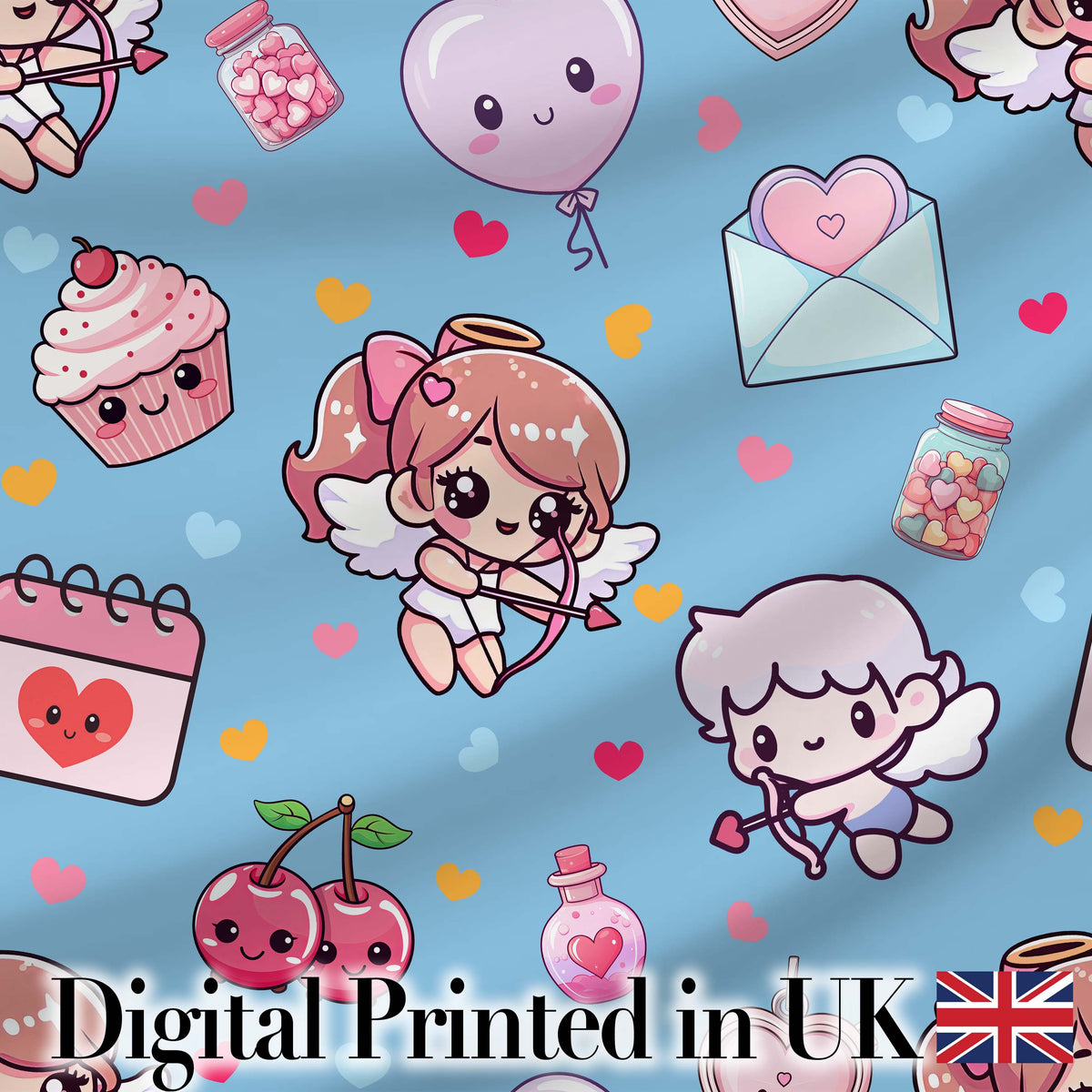 Cute Cupid Angels Hearts Sweets Balloon Love Elements  Pattern Blue Background Digital Print Fabric by the Metre UK Sewing Quilting Textile