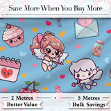 Cute Cupid Angels Hearts Sweets Balloon Love Elements  Pattern Blue Background Digital Print Fabric by the Metre UK Sewing Quilting Textile