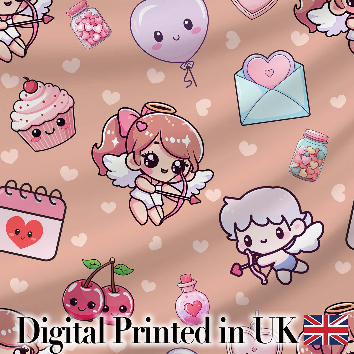 Cute Cupid Angels Hearts Sweets Balloon Love Elements  Pattern Peach Background Digital Print Fabric by the Metre UK Sewing Quilting Textile