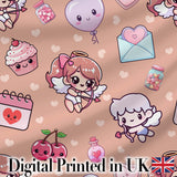 Cute Cupid Angels Hearts Sweets Balloon Love Elements  Pattern Peach Background Digital Print Fabric by the Metre UK Sewing Quilting Textile