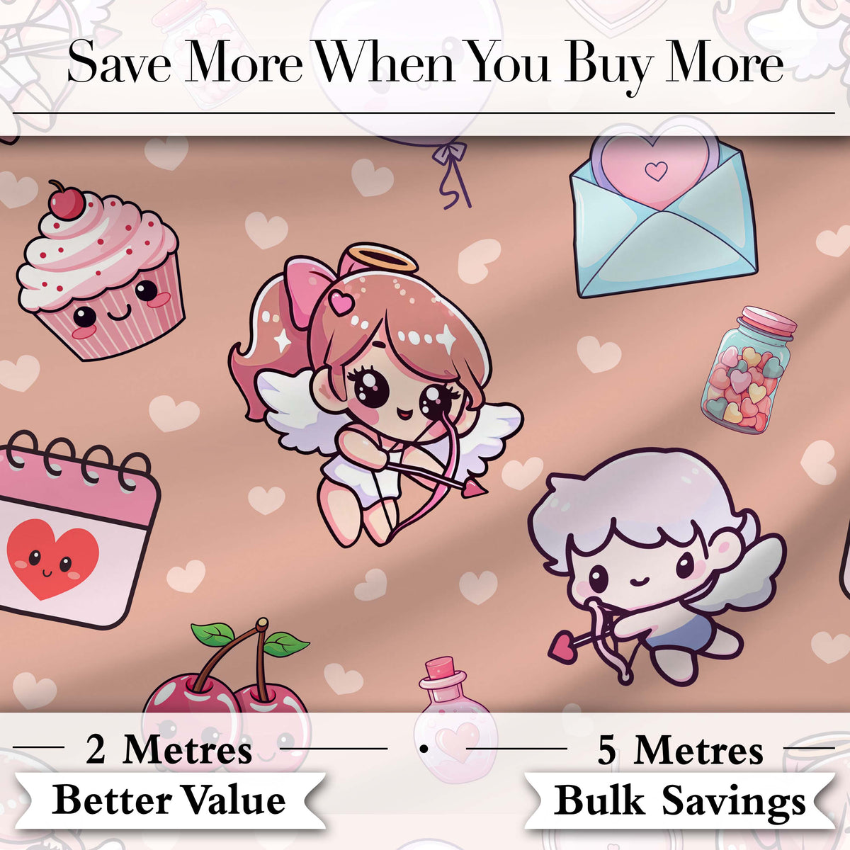 Cute Cupid Angels Hearts Sweets Balloon Love Elements  Pattern Peach Background Digital Print Fabric by the Metre UK Sewing Quilting Textile