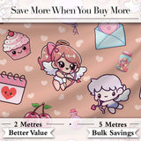 Cute Cupid Angels Hearts Sweets Balloon Love Elements  Pattern Peach Background Digital Print Fabric by the Metre UK Sewing Quilting Textile