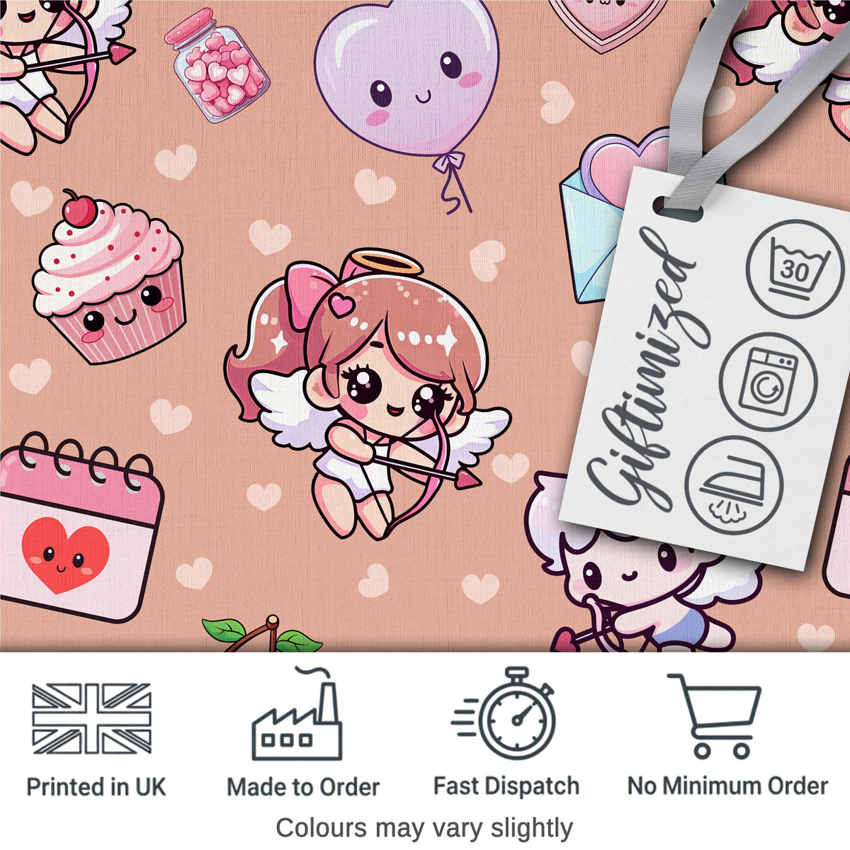 Cute Cupid Angels Hearts Sweets Balloon Love Elements  Pattern Peach Background Digital Print Fabric by the Metre UK Sewing Quilting Textile