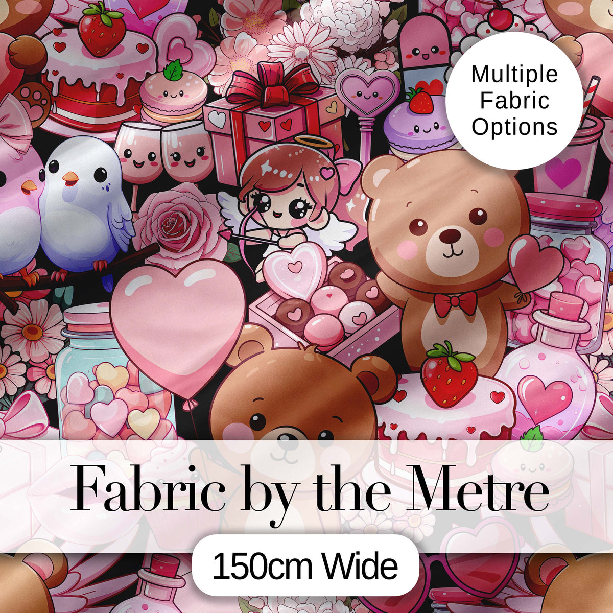 Cute Teddy Bear Cupcake Candy Hearts Romantic Collage Seamless Black Pattern Digital Print Fabric by the Metre UK Sewing Quilting Textile