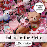 Cute Teddy Bear Cupcake Candy Hearts Romantic Collage Seamless Black Pattern Digital Print Fabric by the Metre UK Sewing Quilting Textile