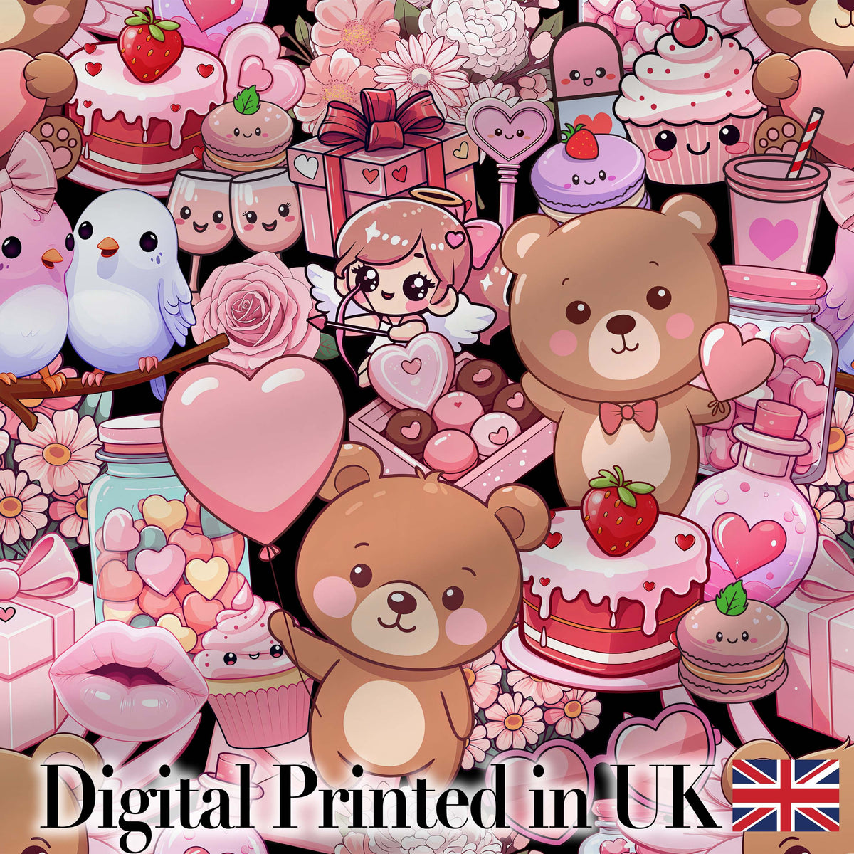 Cute Teddy Bear Cupcake Candy Hearts Romantic Collage Seamless Black Pattern Digital Print Fabric by the Metre UK Sewing Quilting Textile