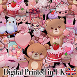 Cute Teddy Bear Cupcake Candy Hearts Romantic Collage Seamless Black Pattern Digital Print Fabric by the Metre UK Sewing Quilting Textile
