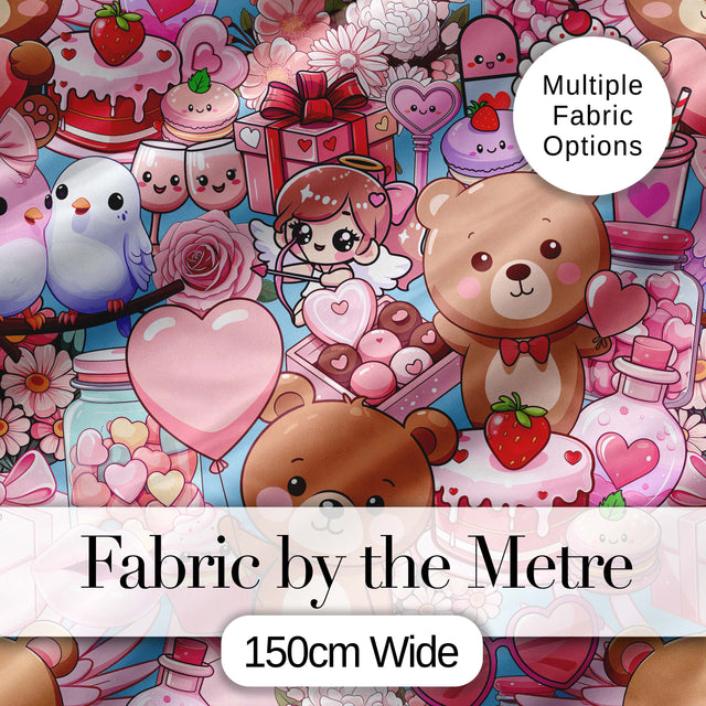 Cute Teddy Bear Cupcake Candy Hearts Romantic Collage Seamless Pattern Digital Print Fabric by the Metre UK Sewing Quilting Textile