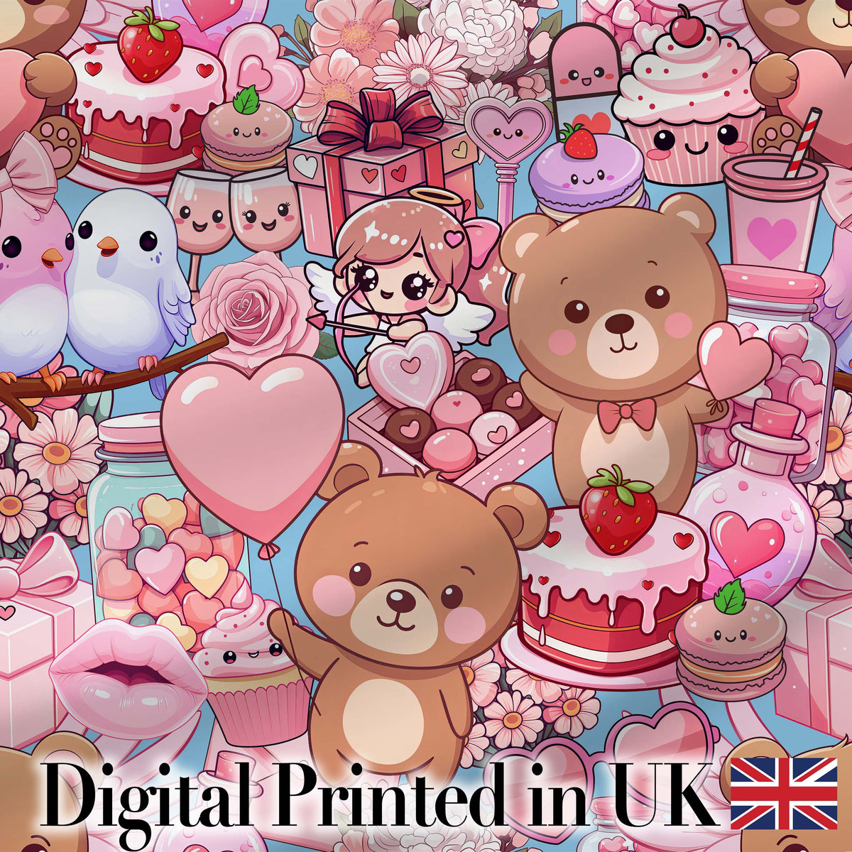 Cute Teddy Bear Cupcake Candy Hearts Romantic Collage Seamless Pattern Digital Print Fabric by the Metre UK Sewing Quilting Textile